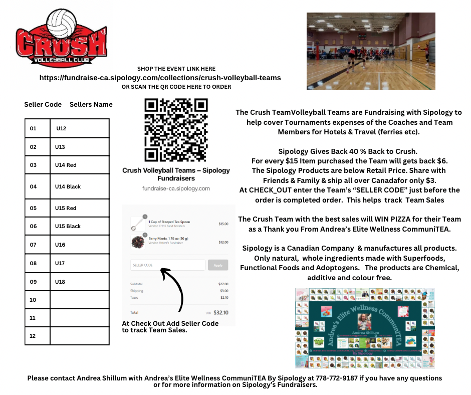 CRUSH Sipology Fundraiser flyer with QR code, team seller codes, and ordering instructions